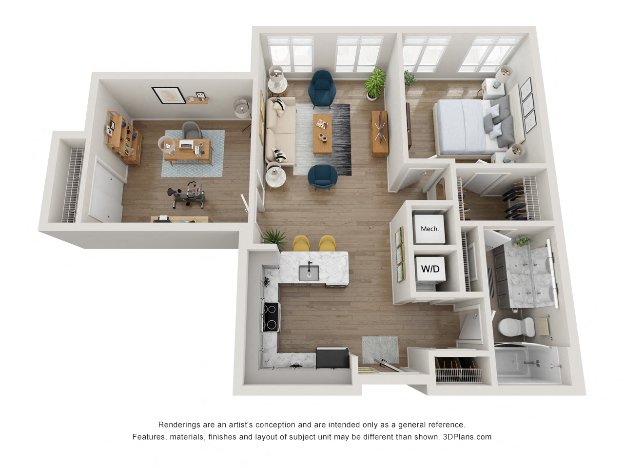 Floor plan for 1 bed, 1 bath, 858 sqft